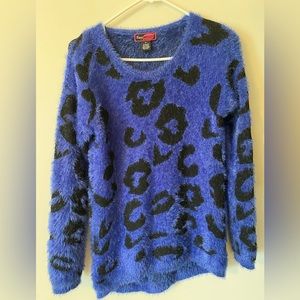 Striking blue and black fuzzy warm cheetah sweater